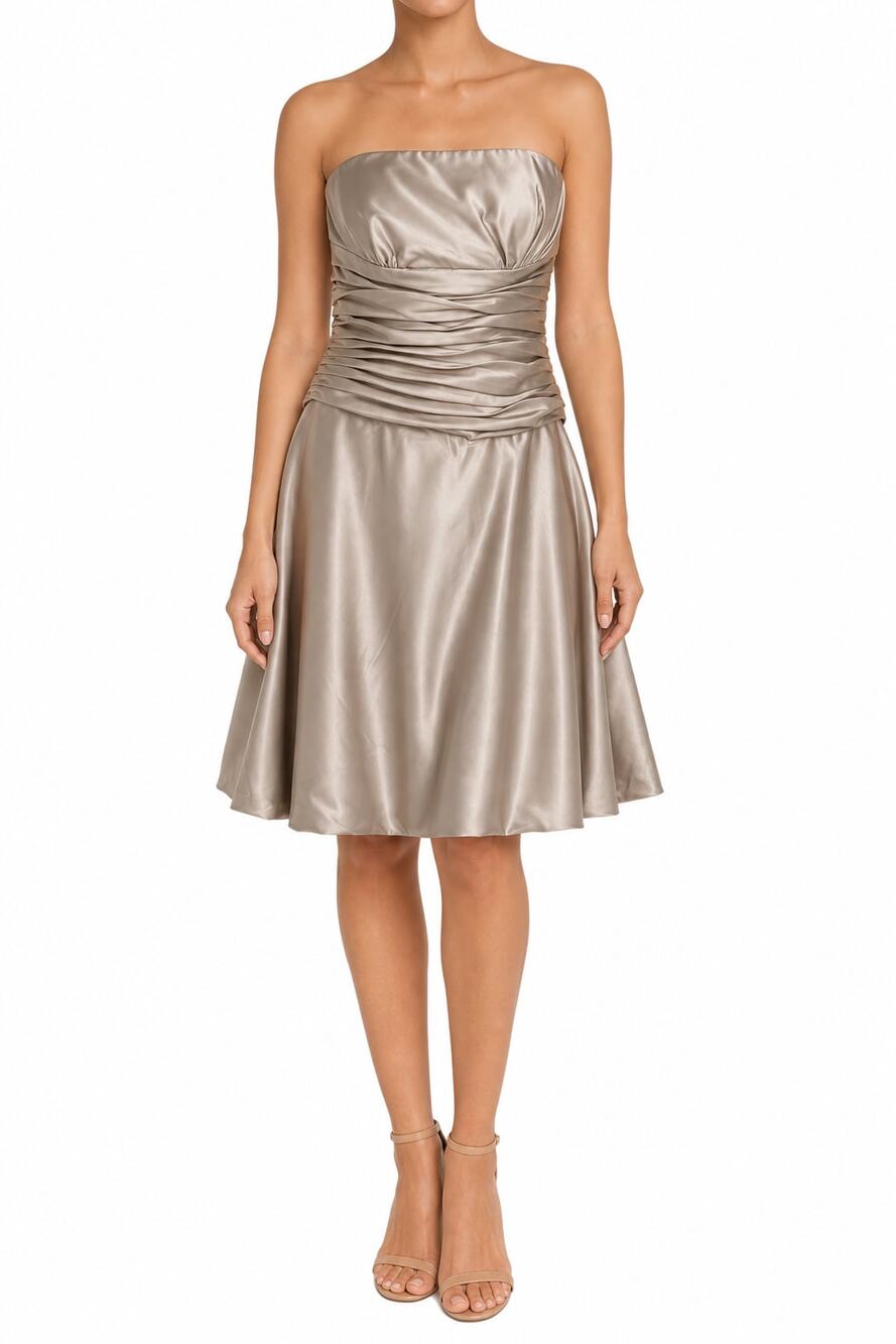 Dessy Collection Strapless Ruched Flare Satin Gold Cocktail Dress Palomino 8